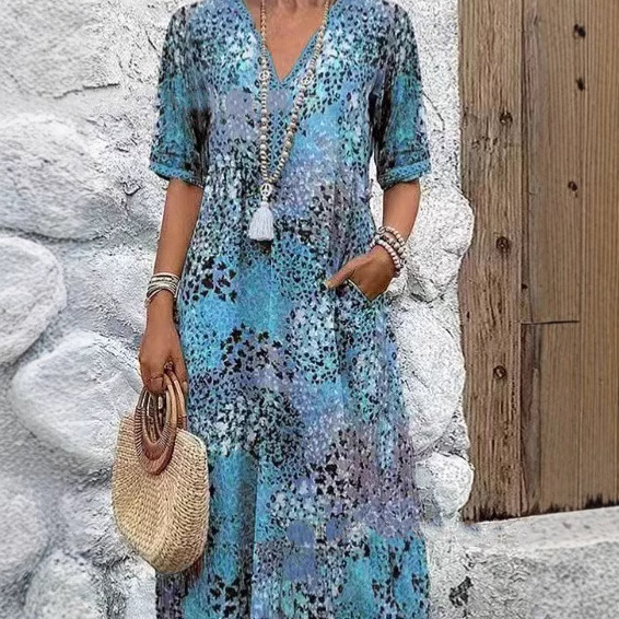 Robes pour femmes 2026 : Nouvelle collection imprimée en dentelle, col en V, manches courtes, longueur mi-mollet – Vêtements féminins