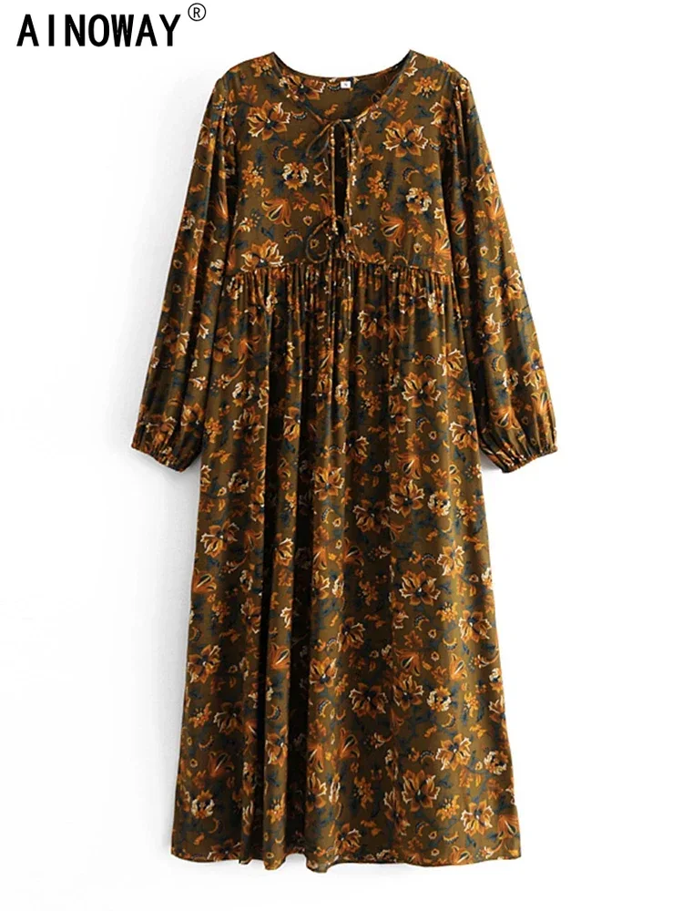 Robe maxi en coton rayonne à manches longues pour femmes, imprimé floral ethnique, robe de plage bohème, col à cravate pour dames, robe d'été vintage Boho