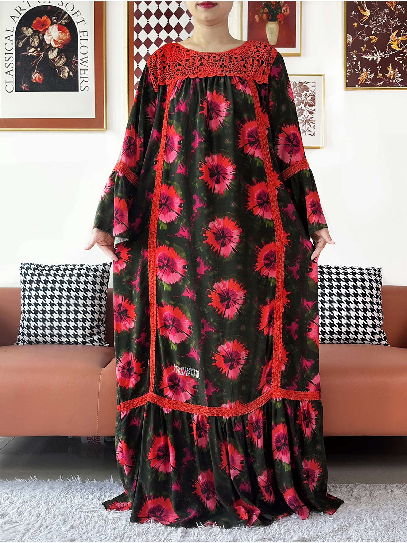 Nouvelle Robe de Soirée pour Femme, Style Kashkha, Broderie Florale en Dentelle, Abaya en Coton, Boubou Africain, Kaftan Ample Musulman, Robe Longue pour le Ramadan