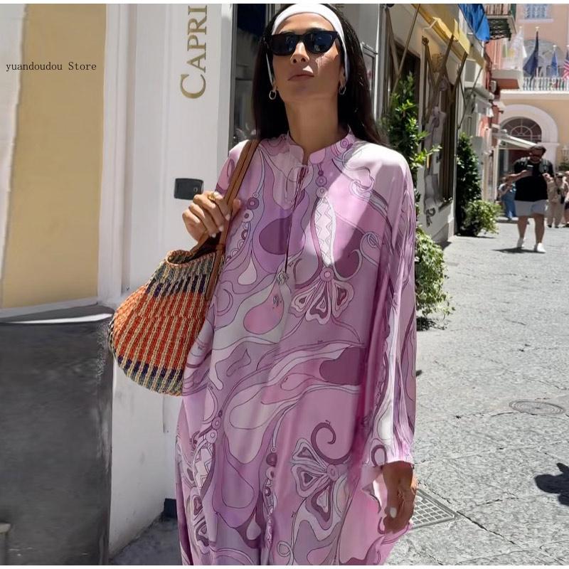Robe longue surdimensionnée pour femmes, tenue de plage, vacances, Kaftan imprimé, Maxi, avec motif, coupe ample, manches longues, été