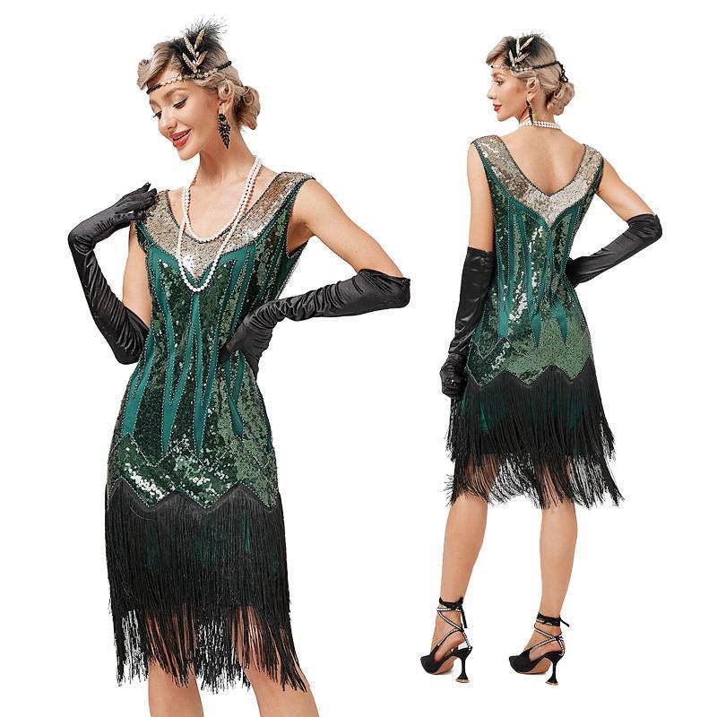 Robe de cocktail évasée à franges pour femmes, jupe longue, grande robe de soirée, paillettes de fibrine, pompon, vintage, testostérone, années 1920, été