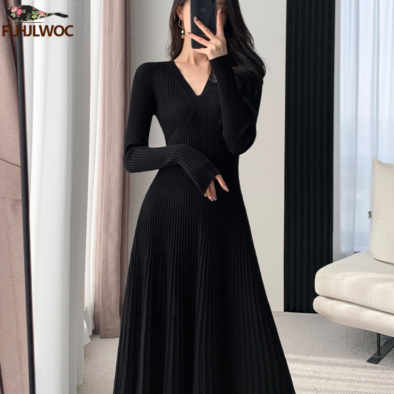 Robe pull longue à col en V pour femme, vêtements de base, design de style français, coupe couvertes, ligne A, nouvel an, rouge, éducatif, printemps, hiver