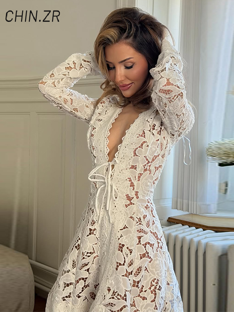 Robe Courte Chic en Dentelle Évidée pour Femme, Col V Profond à Lacets, Manches Longues, Coupe Trapèze, Robes de Soirée, Robes de Plage pour Vacances d'Été 2026
