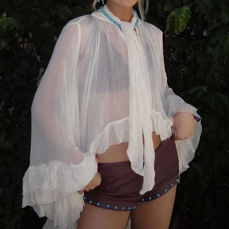 Chemisier châle transparent style bohème avec écharpe à volants en mousseline, idéal pour festival de musique, rave, ou comme tenue de plage à ourlet irrégulier