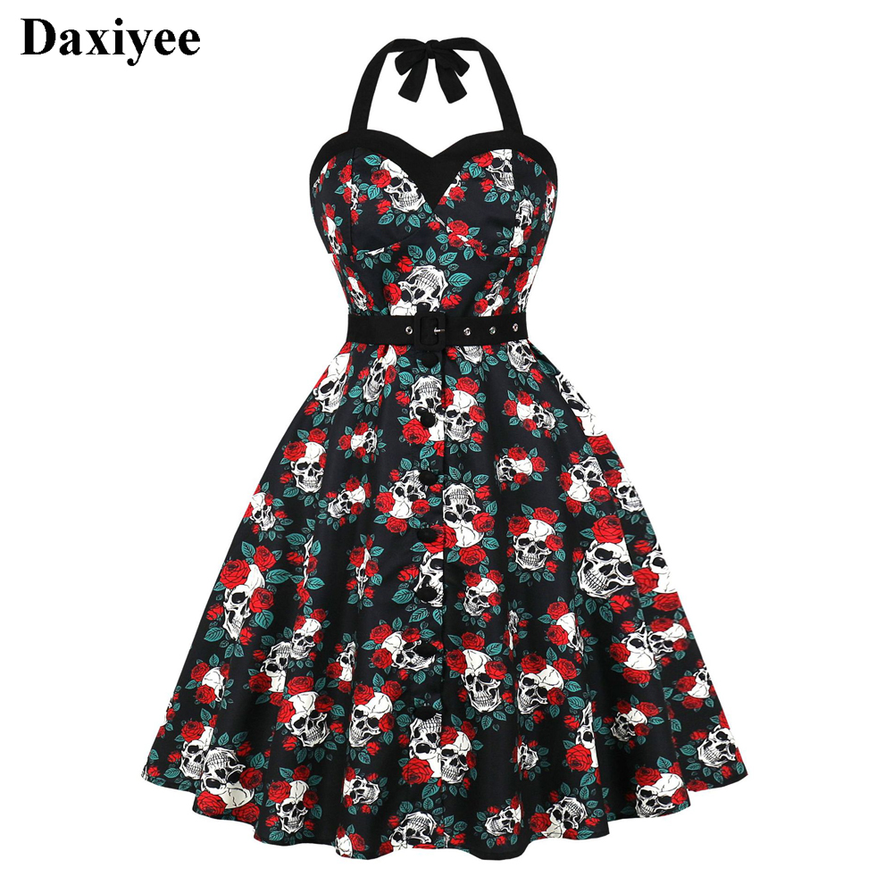 Robe de soirée d'halloween pour femmes, col licou, Bandage, imprimé Floral, crâne, rétro, simple boutonnage, ceinturée, Vintage