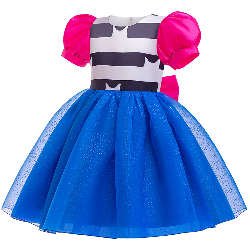 Robe de princesse pour enfants filles, tenue de cosplay avec motif de chats de dessin animé, manches bouffantes, nœud en tulle, pour carnaval, Halloween, fête d'anniversaire