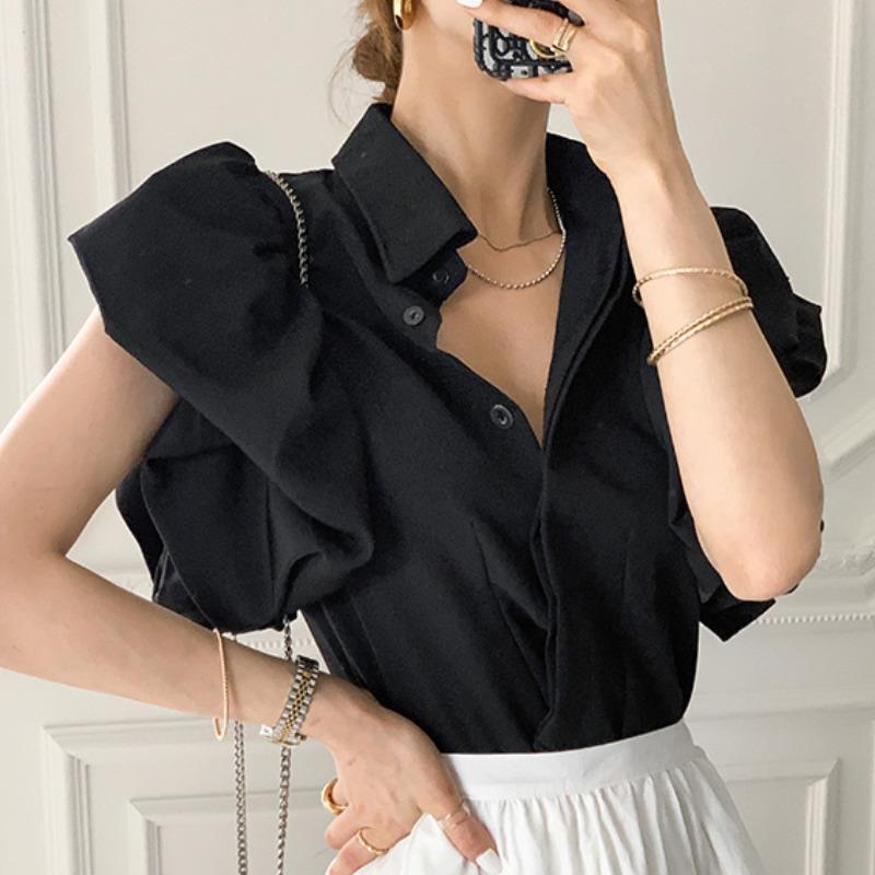 Chemises noires décontractées pour femmes, chemisier à simple boutonnage, style palais, bouffantes, manches courtes lanterne en Y, chemise d'été