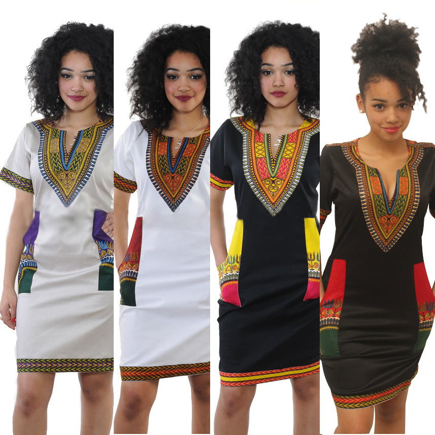 Robes africaines pour femmes, Style à la mode, manches courtes, col en v, en Polyester, longueur aux genoux, été 2022