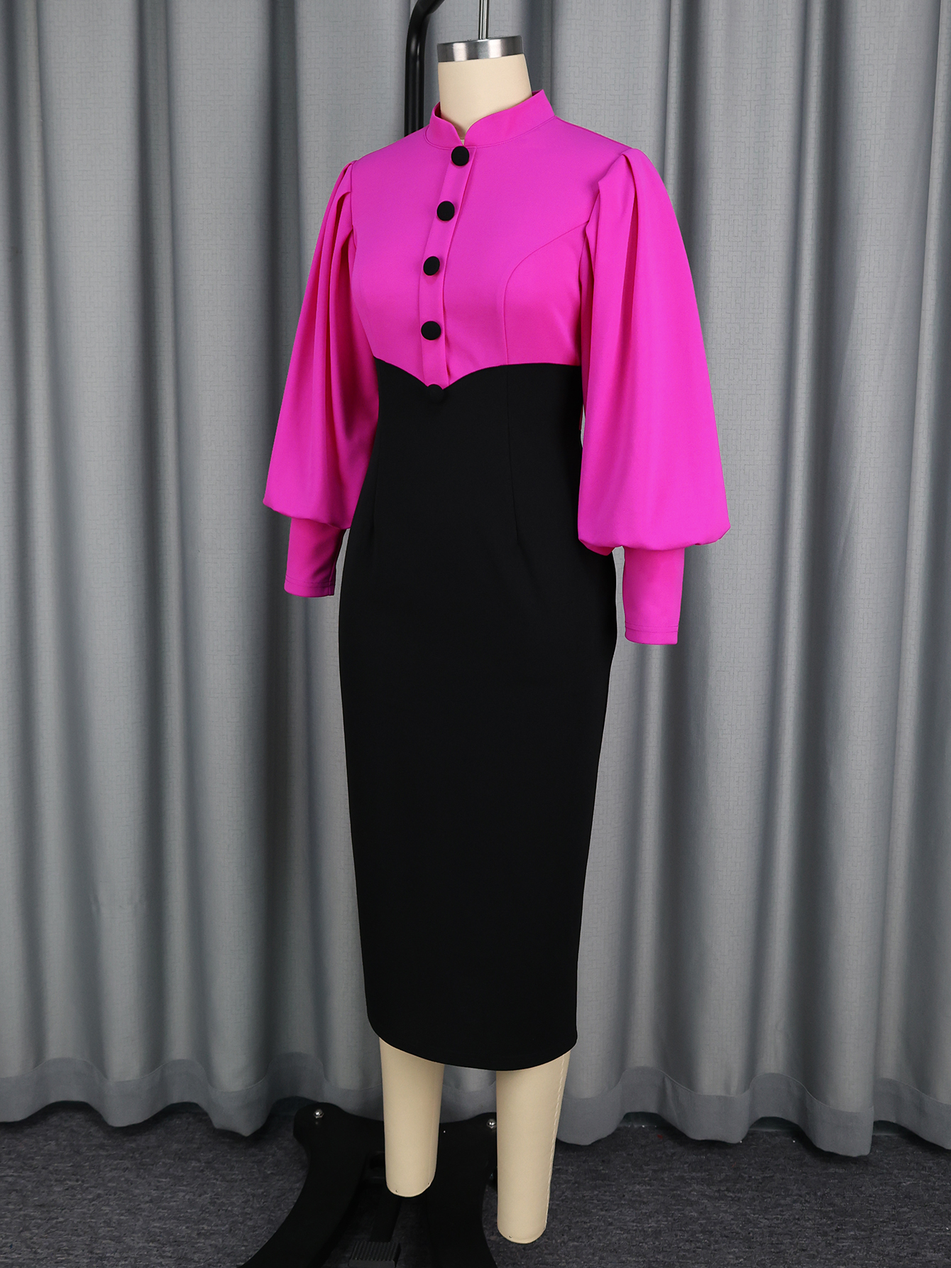 Robes de cérémonie élégantes pour femmes, col montant, manches longues lanternes, boutonnage sur le devant, blocs de couleur, style moulant, pour fêtes, bureau, tenue professionnelle pour femmes