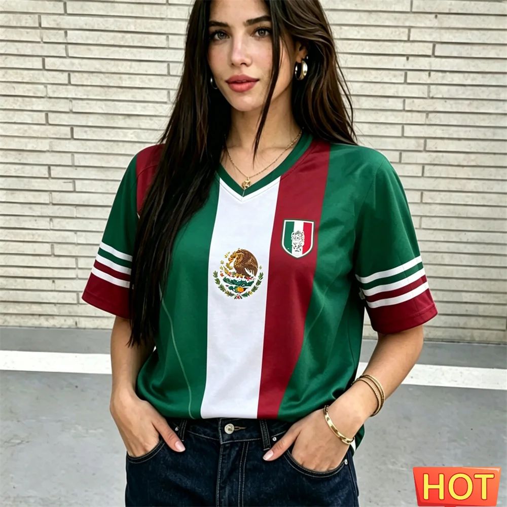 Maillot de football Mexique col en V respirant pour femme, collection été 2026 – T-shirt sport respirant pour femme et T-shirt décontracté respirant pour homme