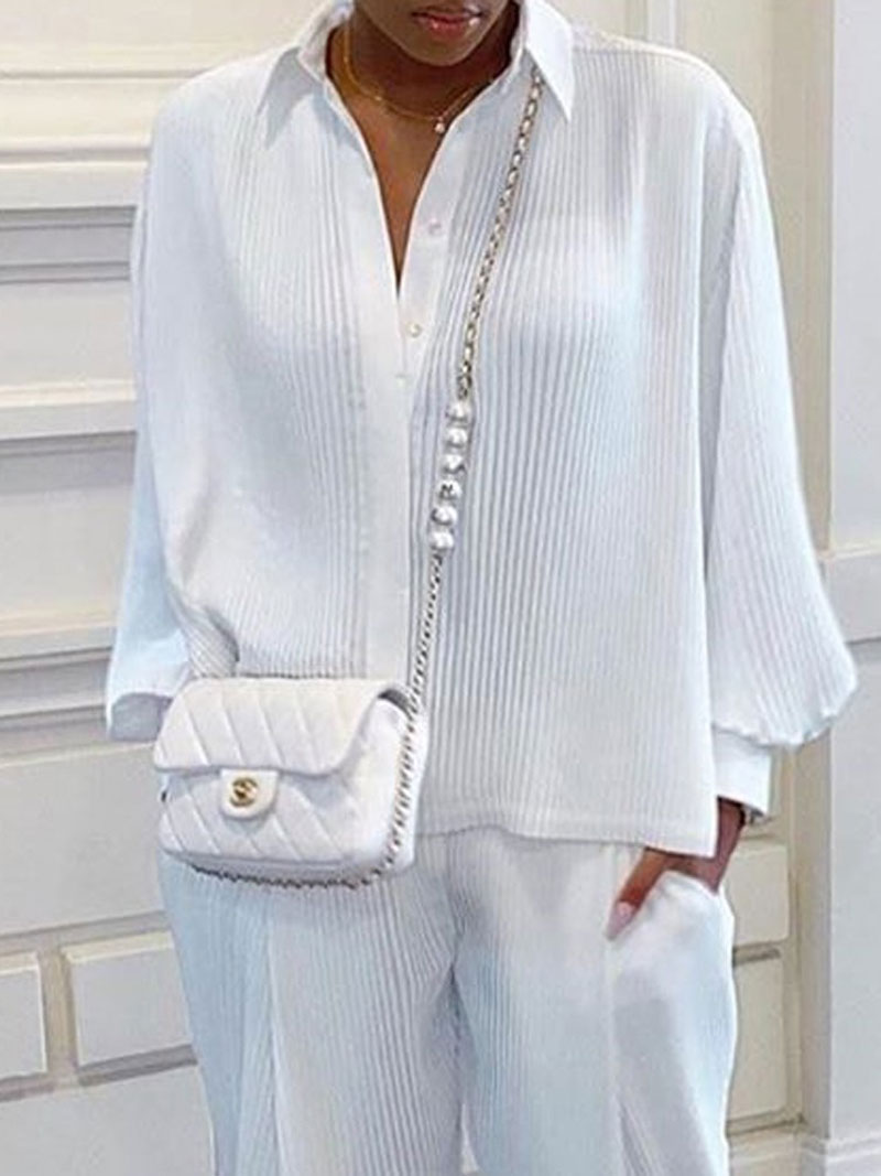 Ensemble chemise et pantalon pour femmes, classique, couleur unie, décontracté, ample, manches longues, revers, taille élastique, costume deux pièces, nouvelle tenue de rue d'été 2025