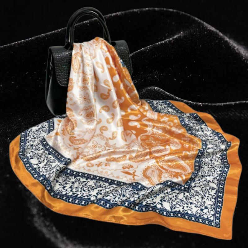 Foulard carré vintage en satin et rayonne, motif cachemire floral, tendance et polyvalent pour femme