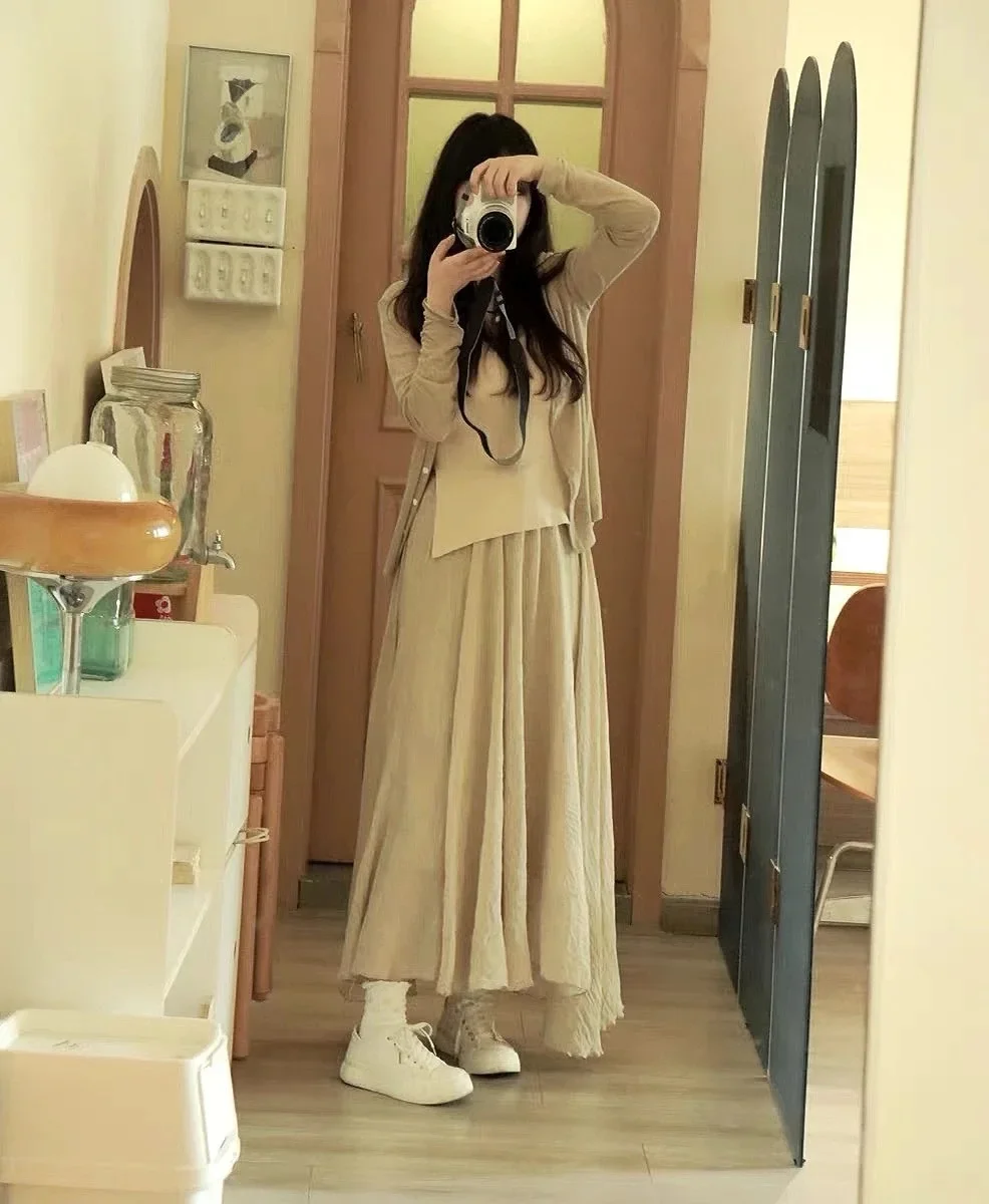 Boho Beach Jupe Femme - Lin Coton Mélange Taille Élastique Longue Plissée Maxi, Vintage Été Jupe Décontractée Faldas Saia