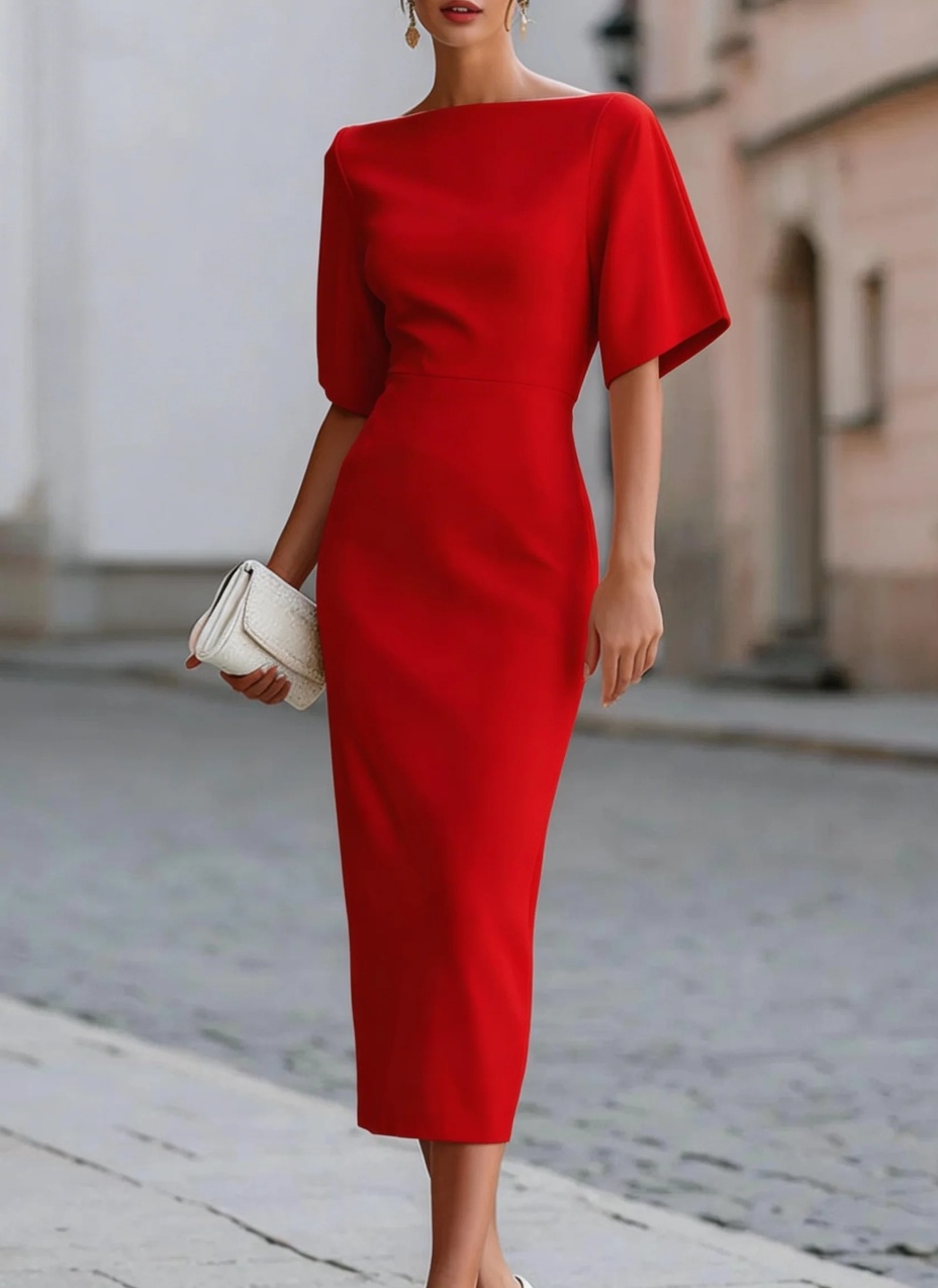 Robe de soirée élégante à col bateau et manches mi-longues, taille ajustée, longueur midi