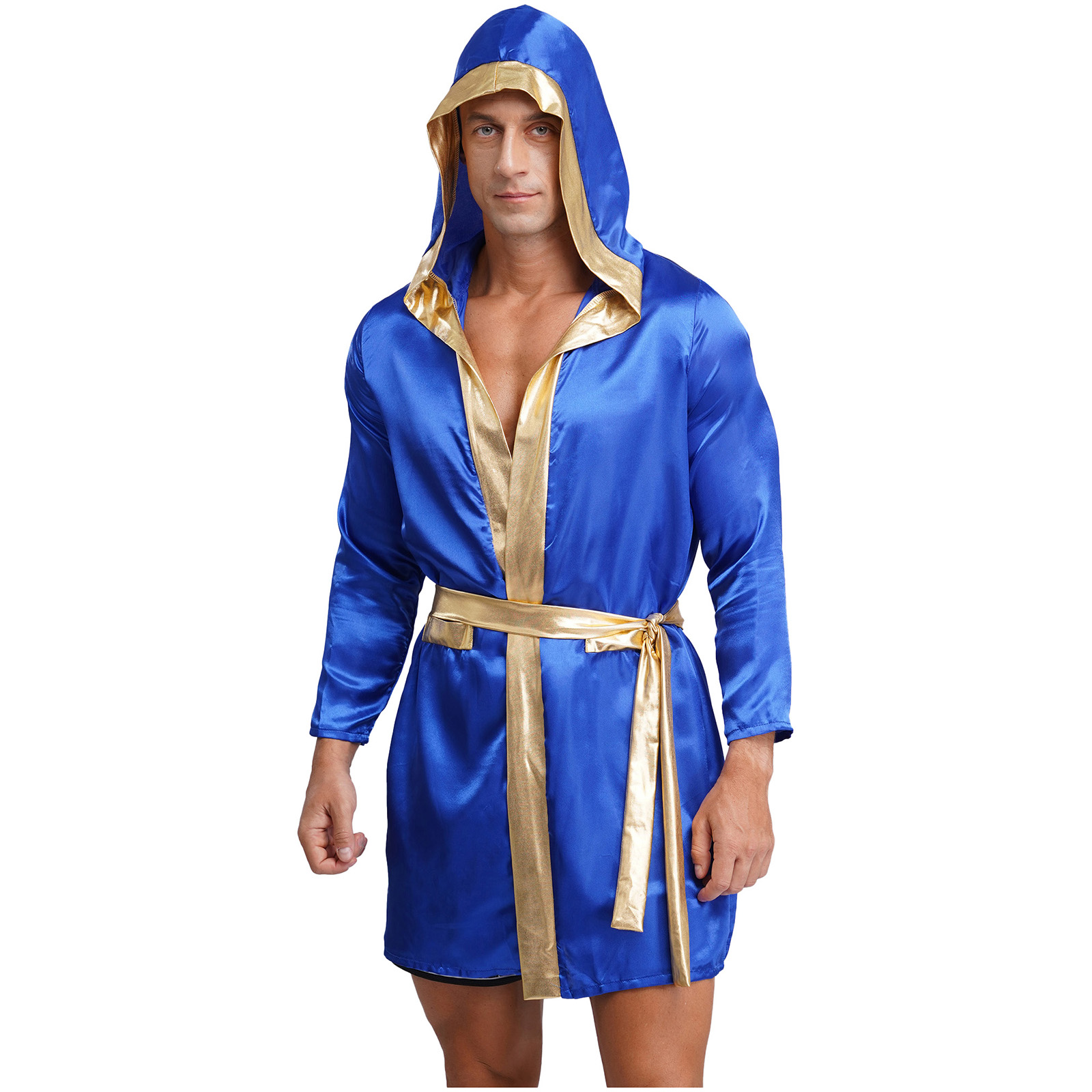 Robe de boxe pour hommes, Costume de carnaval d'halloween, Boxer, Cosplay, manches longues, ouvert sur le devant, cape à capuche en Satin métallique avec ceinture
