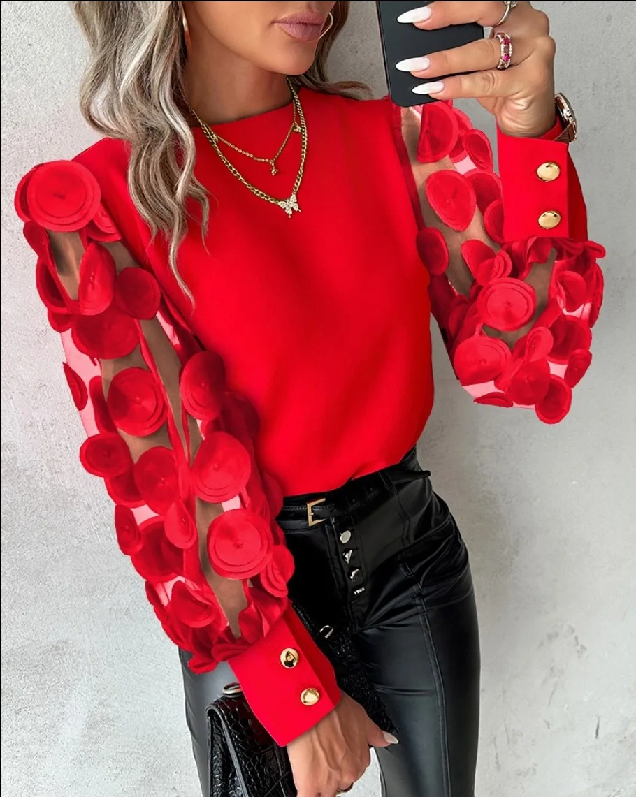 Chemisier Femme 2025 à Manches Longues, Col Rond, Manches en Dentelle à Volants, Tendance Automne-Printemps