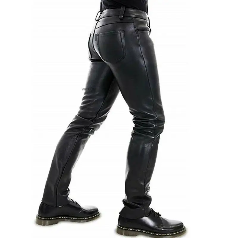 Pantalon en cuir pour hommes, couleur unie, en cuir PU, pour moto, élastique, loisirs, Style Punk, Slim Fit, pleine longueur, nouvelle collection 2022