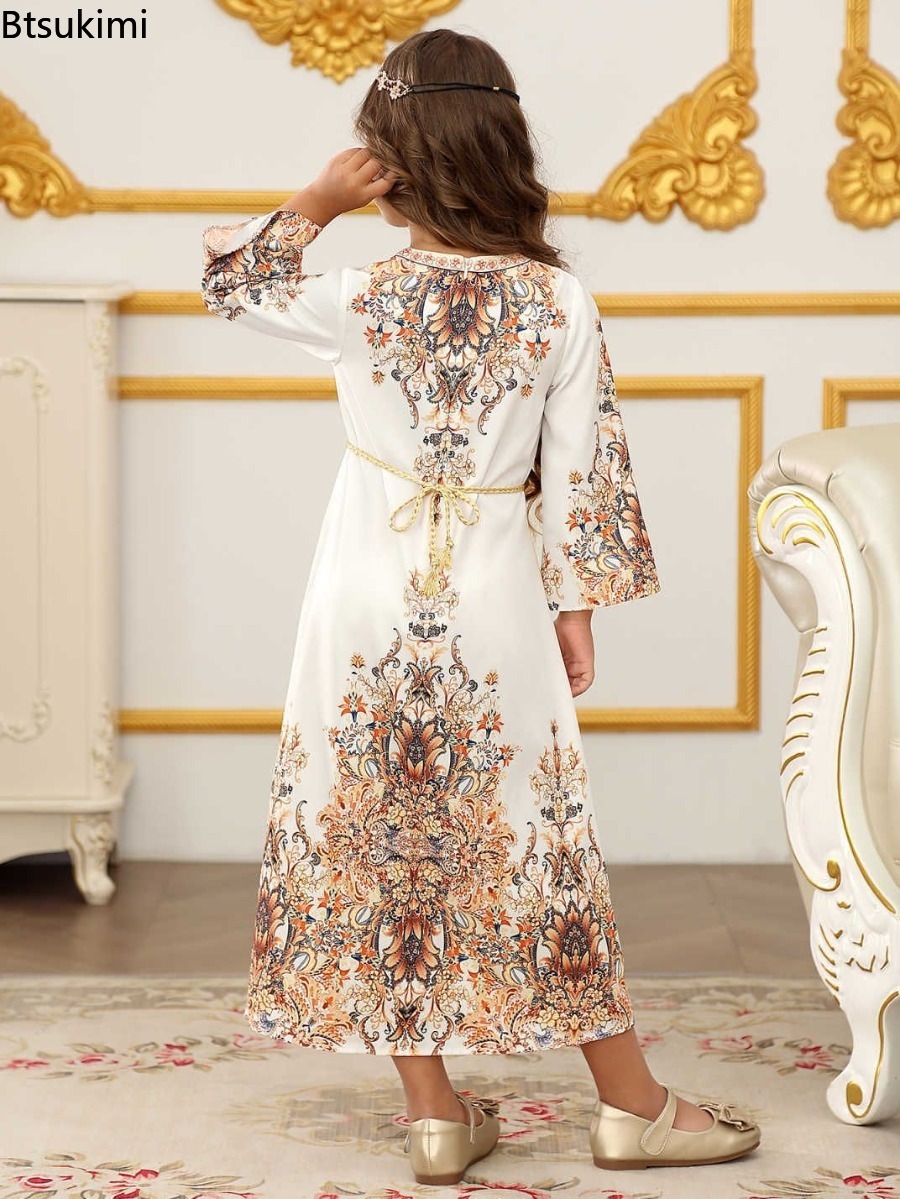 Robes du moyen-orient pour filles, mode musulmane Abayas, caftan arabe turc, dubaï, vêtements islamiques pour enfants, robe imprimée, Robes de soirée