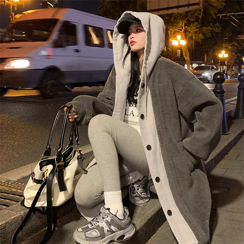 Manteau à capuche en laine d'agneau pour femmes, veste mi-longue, pardessus décontracté, mode coréenne, automne, hiver, nouveau