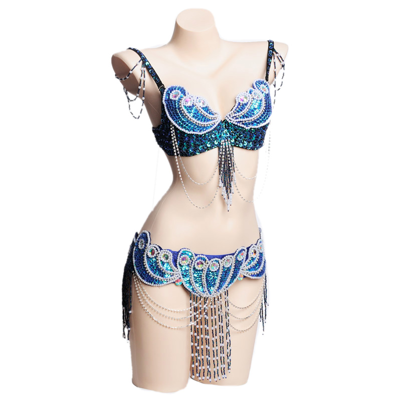 Costume de danse du ventre pour femmes, ensemble de 2 pièces, Oriental, perles, soutien-gorge, ceinture, vêtements de carnaval Tribal