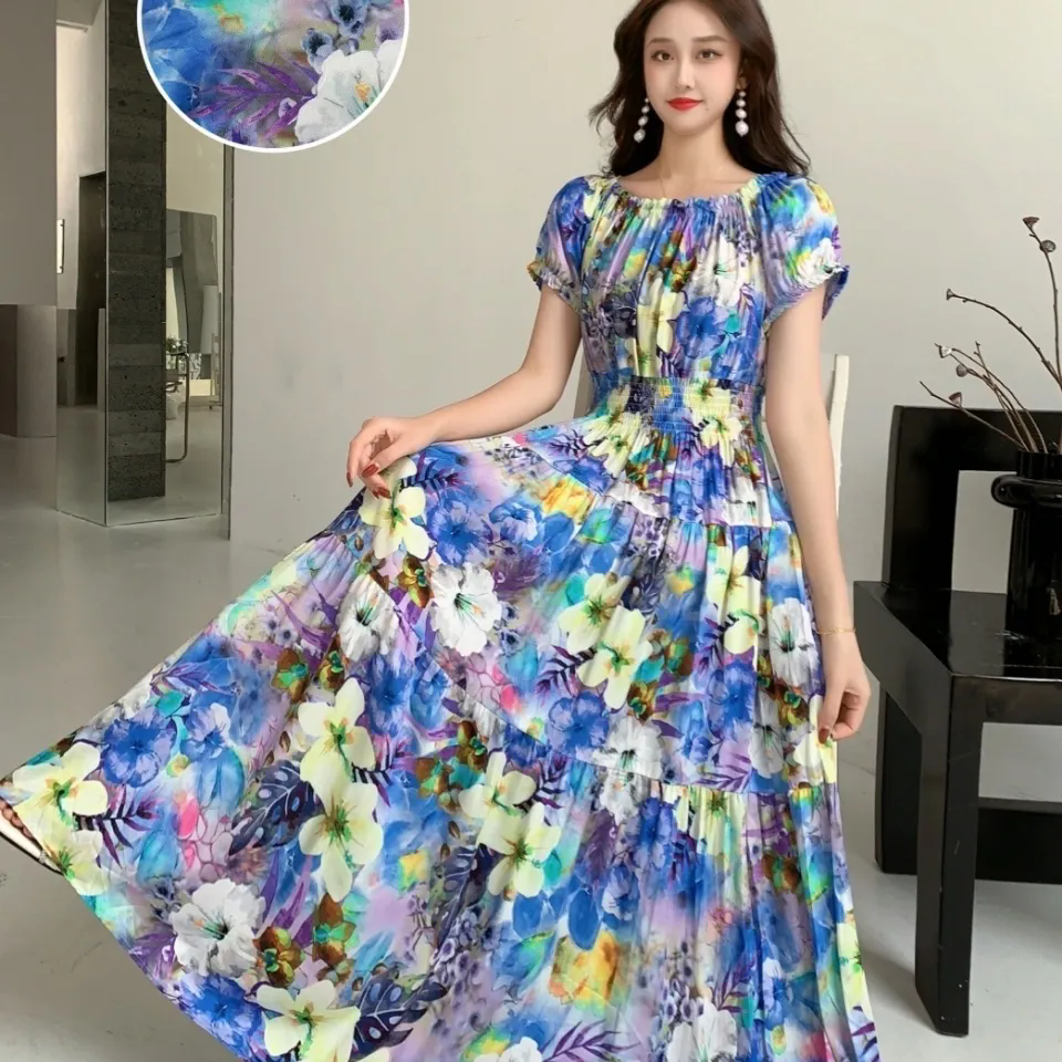 Robes en coton et soie pour femmes, nouvelle robe imprimée taille haute, Slim, en coton artificiel, longue, style bohème, à fleurs, été 2025