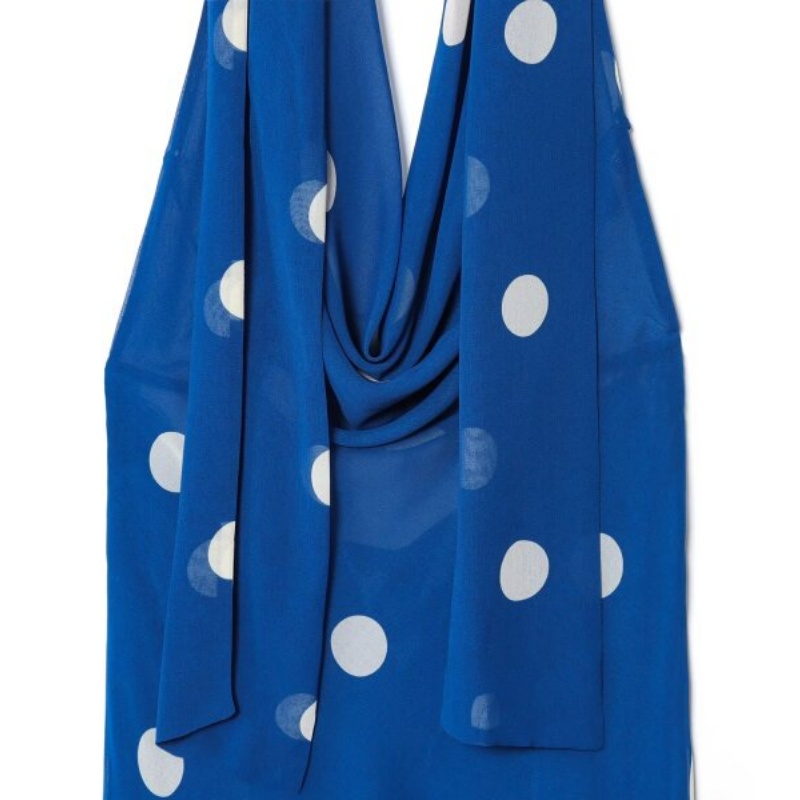 Robe de plage pour femmes, tenue d'été bleue à pois, col licou, ceinture, longueur cheville, coupe ajustée, tenue de vacances