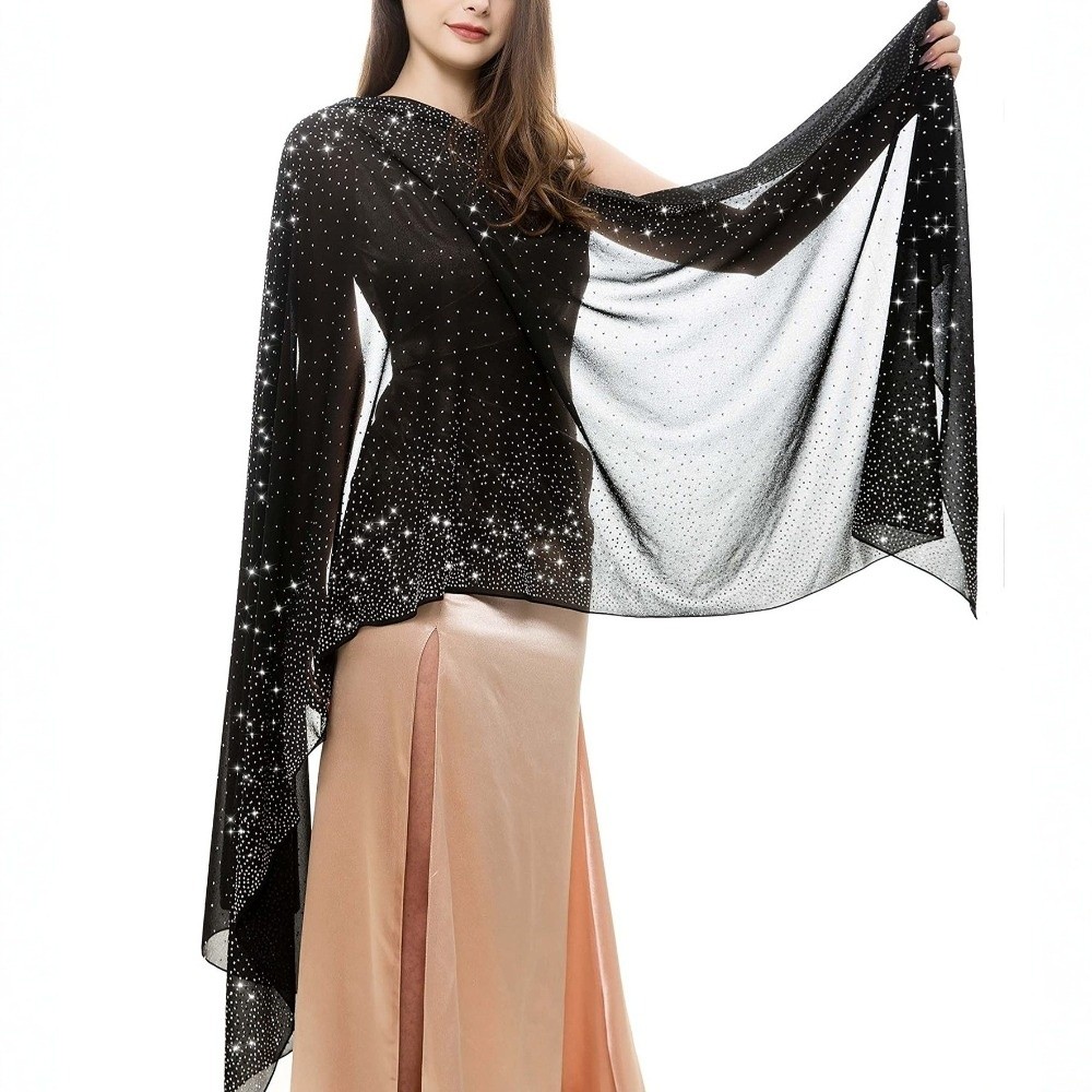 Châle en mousseline de soie pour femme avec strass, couleur unie, doux, scintillant, transparent, respirant, fin, pour soirée