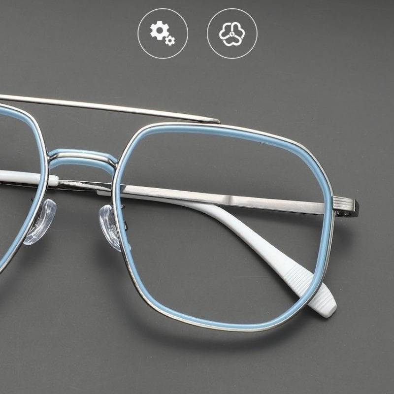Lunettes de pilote unisexe style steampunk en métal, monture carrée polygonale, anti-lumière bleue, pour ordinateur, verres transparents, double pont