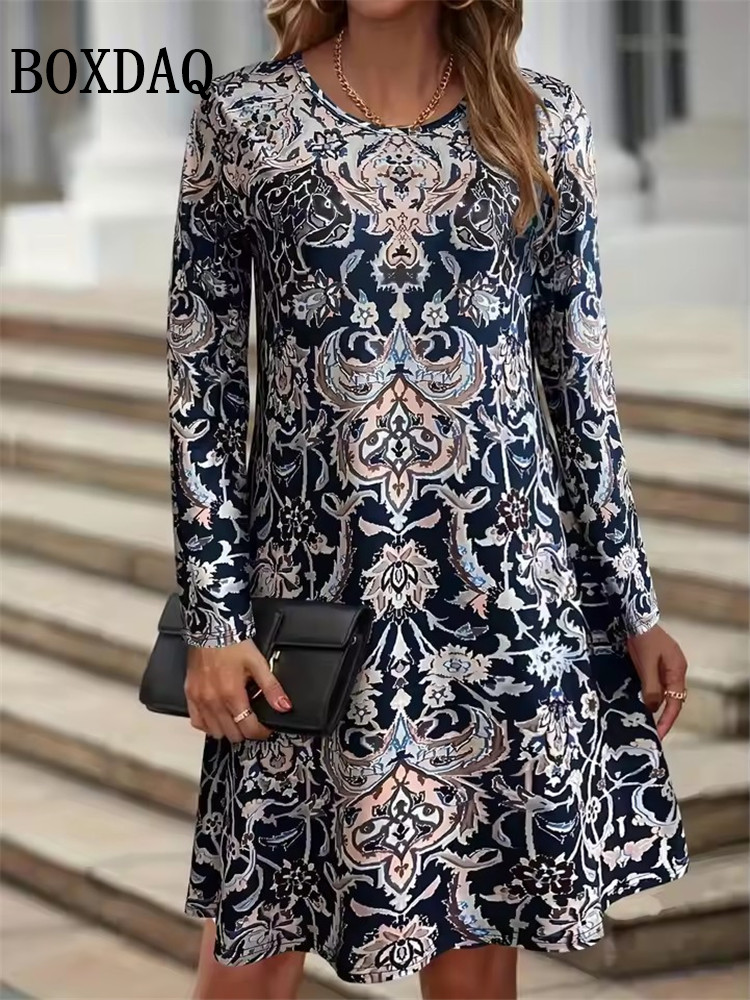 Vêtements pour femmes automne femmes rétro fleurs robe été Vintage casual mode à manches longues Floral 3D imprimé robes amples 2025