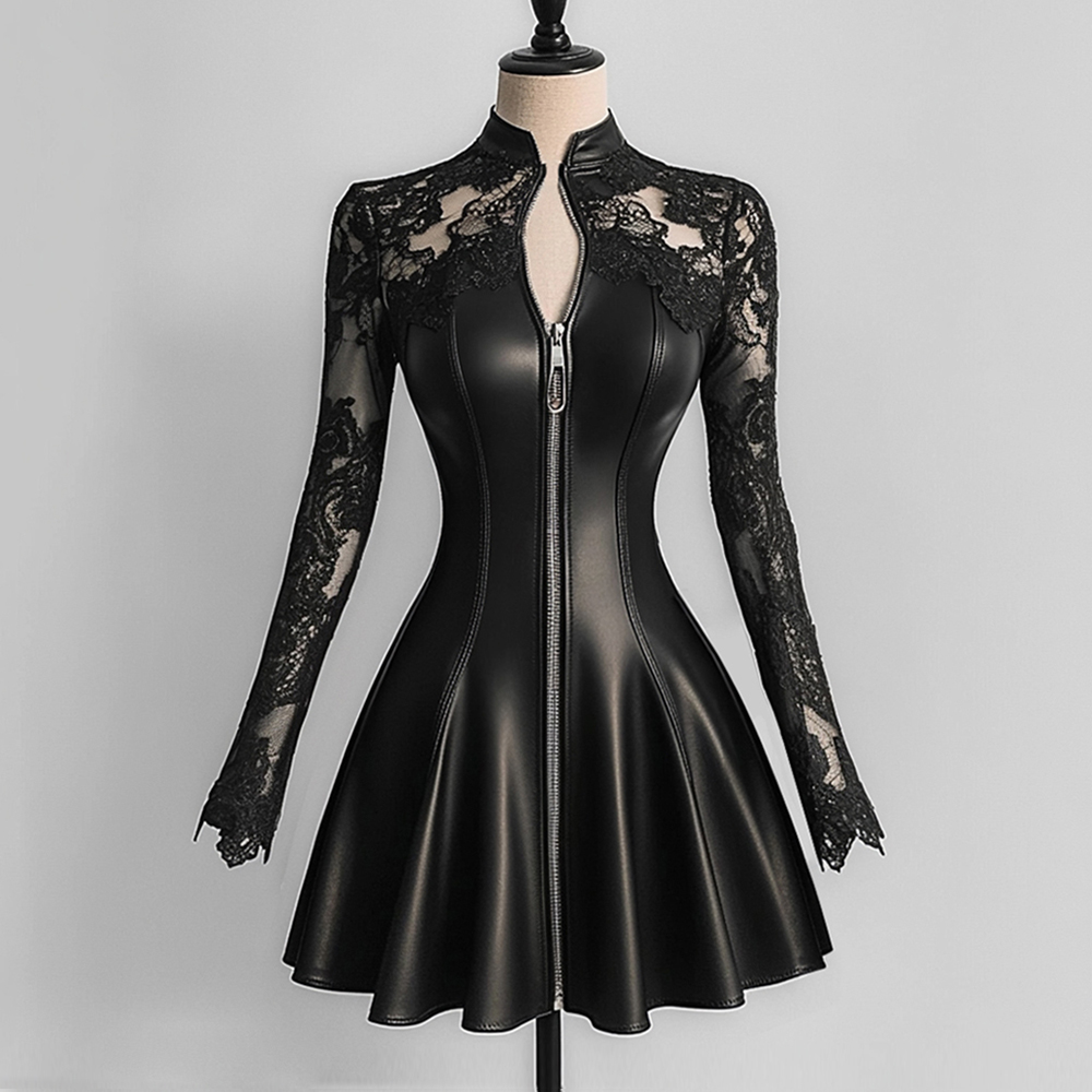 Robe élégante en cuir PU pour femmes, dentelle noire, Patchwork, maille, manches longues, fermeture éclair, moulante, ligne a, Mini robes de soirée Sexy