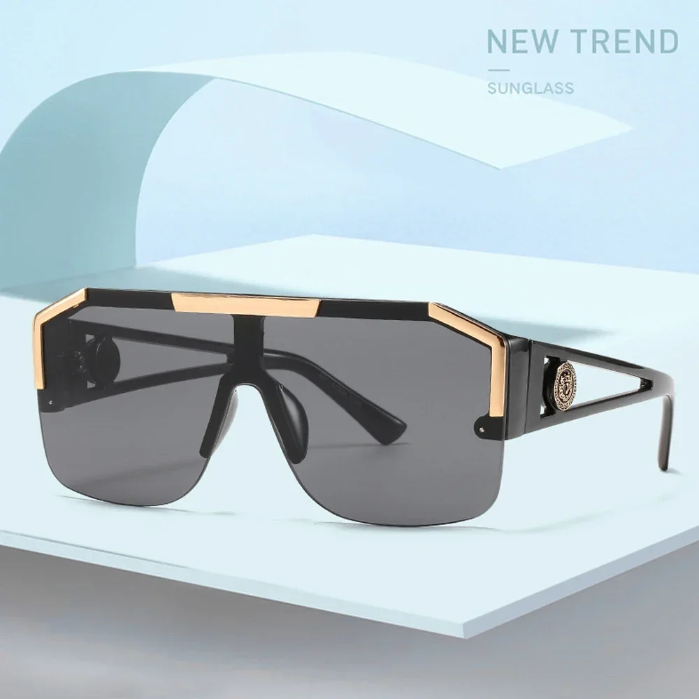 Lunettes de soleil carrées surdimensionnées pour hommes et femmes, marque de luxe, Vintage, grand cadre en métal, semi-sans monture, une lentille, UV400, 2025