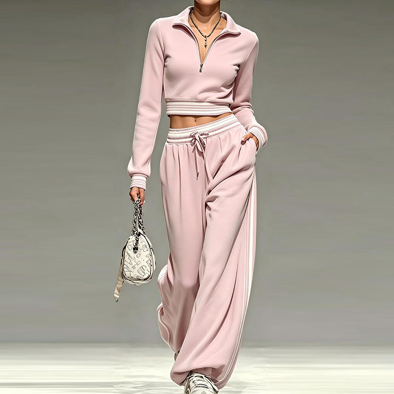 Ensemble de survêtement 2 pièces pour femme : Haut court uni à col montant zippé et pantalon large taille haute – Tenue décontractée et sportive