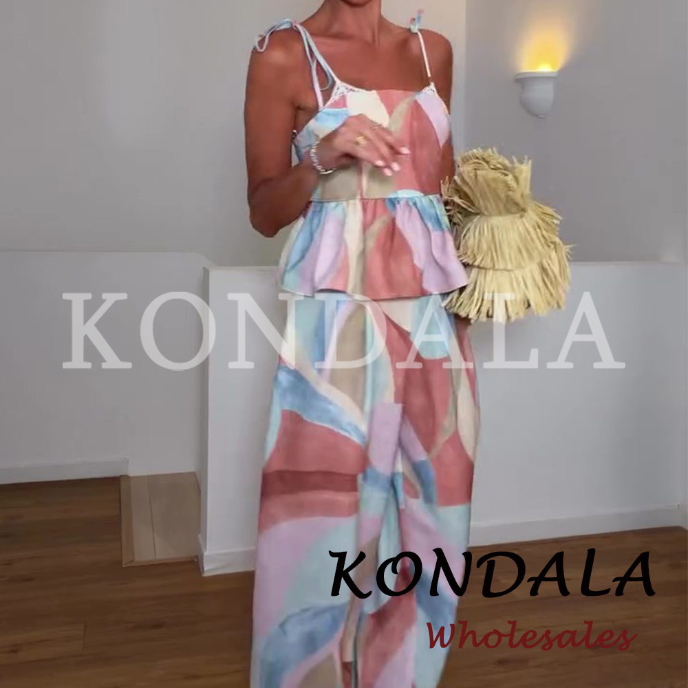 KONDALA Fashion 2026 Ensemble décontracté imprimé pour femme, idéal pour les vacances à la plage : débardeur slim et pantalon long à jambes larges, élégant pour femme