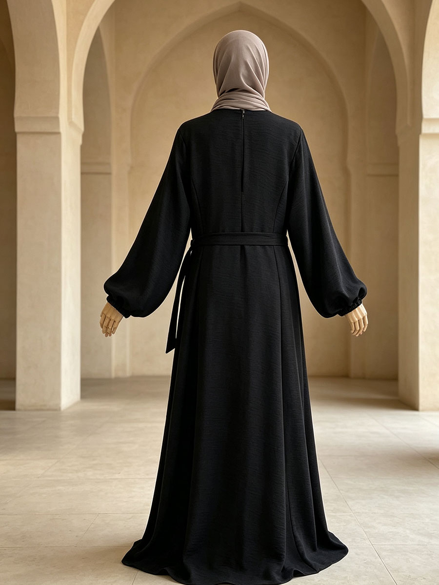 Robe Abaya musulmane pour femmes, robe maxi à manches longues bouffantes avec ceinture, robe de prière islamique modeste, kaftan, tenue pour l'Aïd et le Ramadan