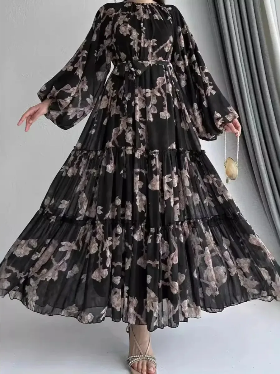 Eid mousseline de soie femmes Robe Abaya fleur imprimé robes musulmanes Largo dubaï caftan arabe longue Robe Ramadan Maroc robes Jalabiya