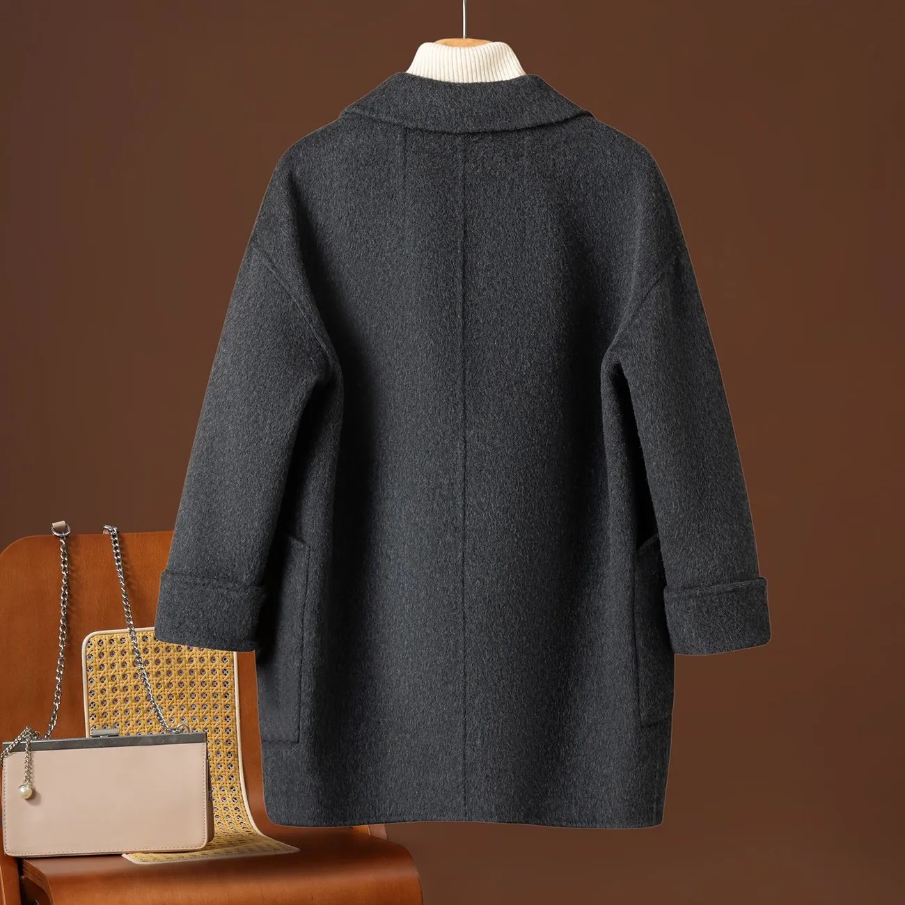Manteau en cachemire double face pour femme, style britannique, coupe ample, vêtement d'extérieur en laine, style coréen, veste pour femme, automne-hiver