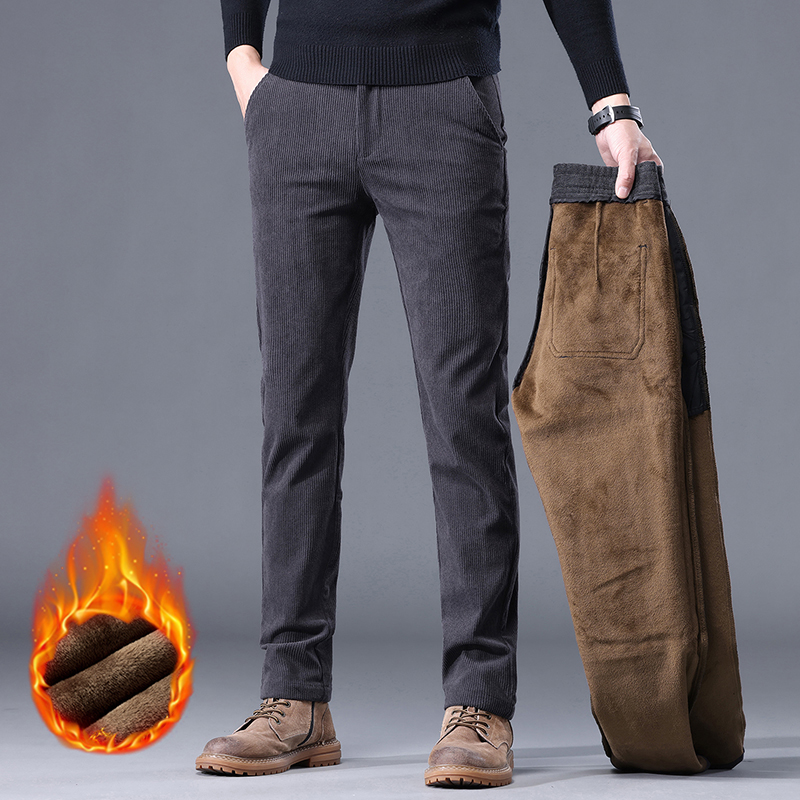Kaki noir gris polaire hommes velours côtelé pantalons décontractés Chenille épais Stretch pantalon d'affaires taille moyenne marque hiver pantalon thermique