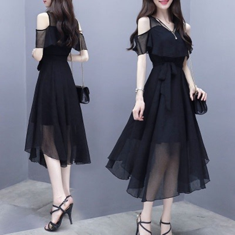 Robe d'été en mousseline de soie pour femmes, tenue de bureau coréenne, gracieuse, décontractée, noire, épaules dénudées, nouvelle mode, vêtements féminins, 2025