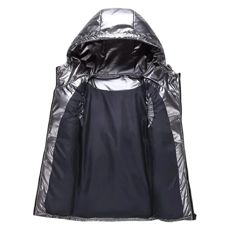 Gilet rembourré à capuche pour hommes, veste brillante sans manches, vêtements d'extérieur décontractés, manteau chaud épais, gilet imperméable, vêtements pour hommes 4XL, hiver
