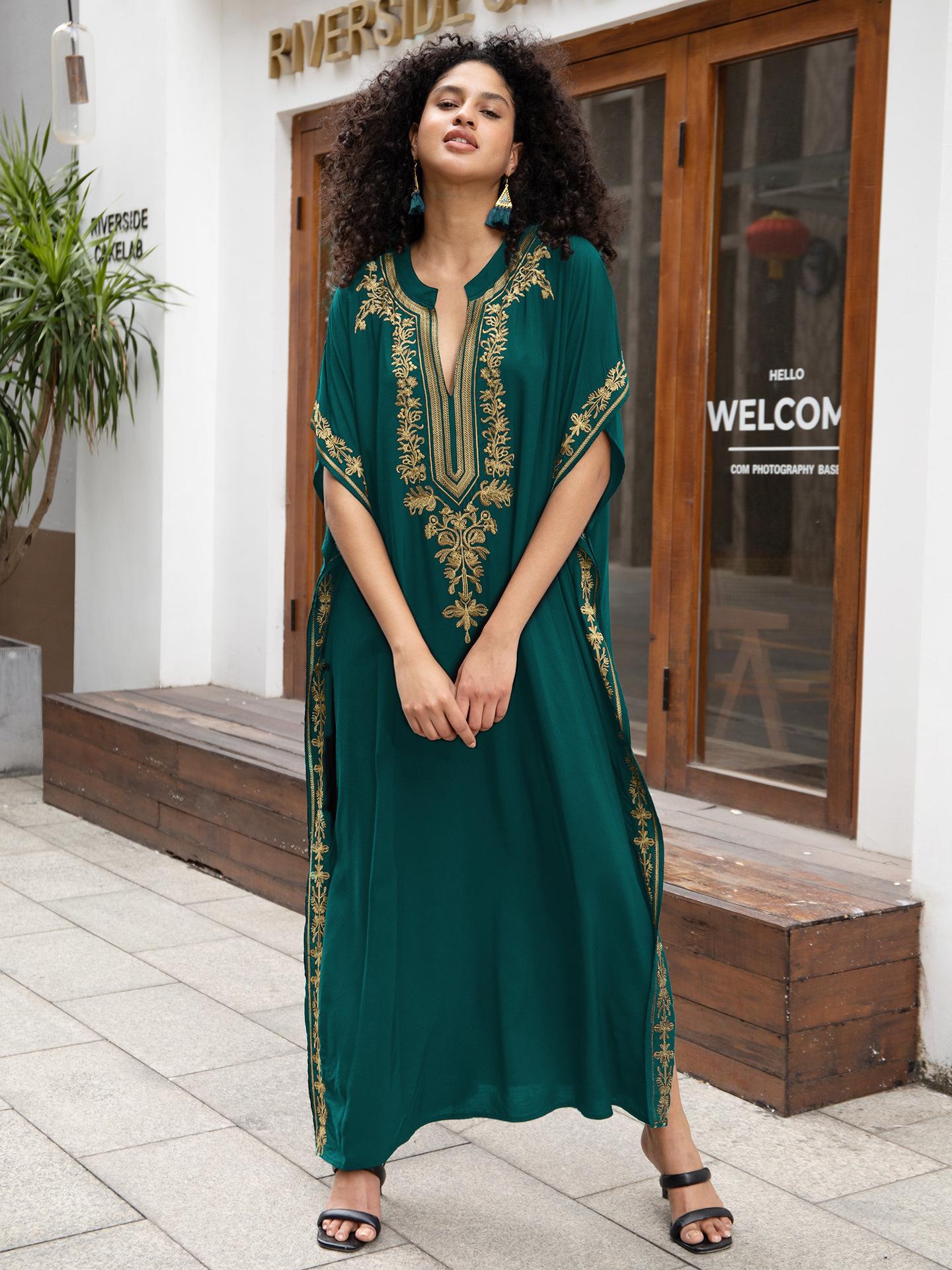 Robes caftan pour femmes brodées à manches courtes col en v grande taille Caftan Bikini maillot de bain robe de plage longue