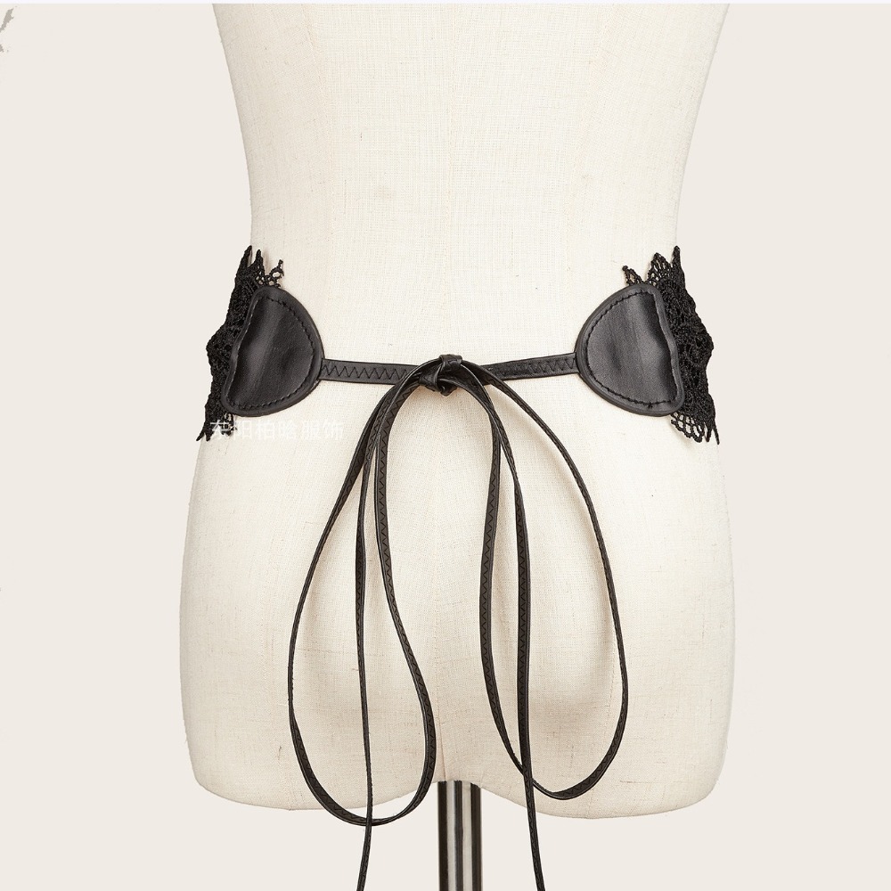 Boho Style Soft Lace Waist Belt Wide Self Tie Bow Tie Belt Cinched Waistband Wrap Around PU Leather Belt for Dresses