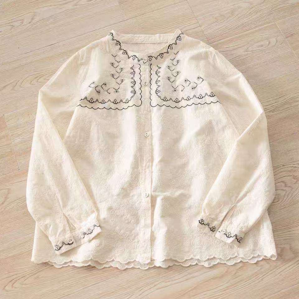 Chemisier élégant pour femme 2026, broderie bohème printemps, chemises blanches et beiges à manches longues, hauts en coton pour femmes
