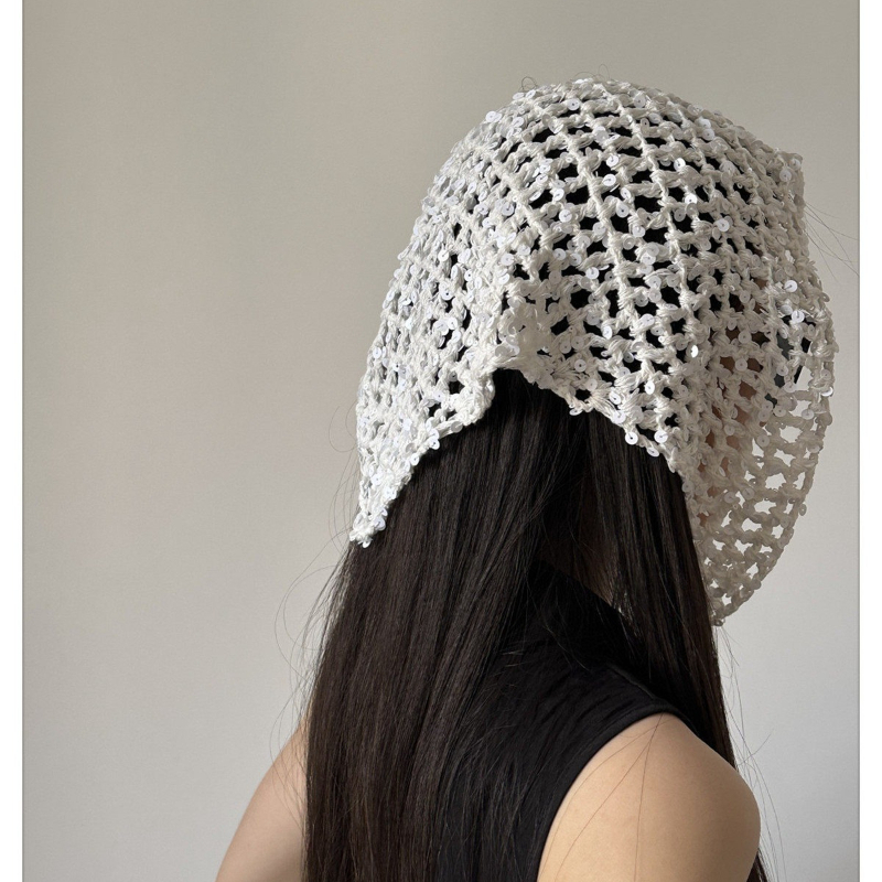 Foulard de tête en maille à sequins au crochet pour femme, style bohème, tricot ajouré, turban à nouer, chapeau, couvre-cheveux vintage, bandeau pour plage, festival, fête