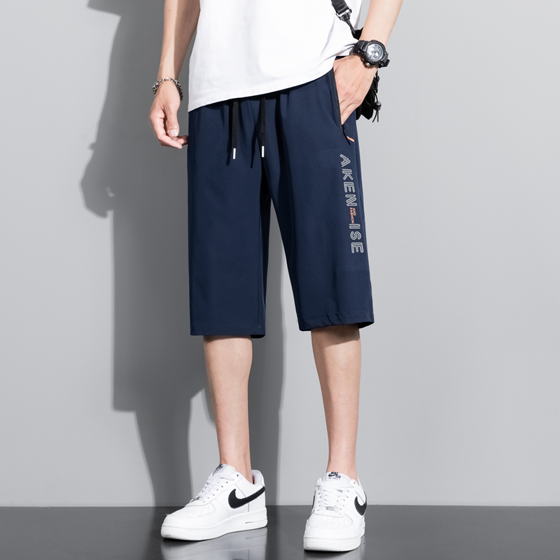 Bas d'été pantalon en soie glacée hommes respirant léger mollet longueur pantalon de survêtement court 3/4 droit ample décontracté pantacourt