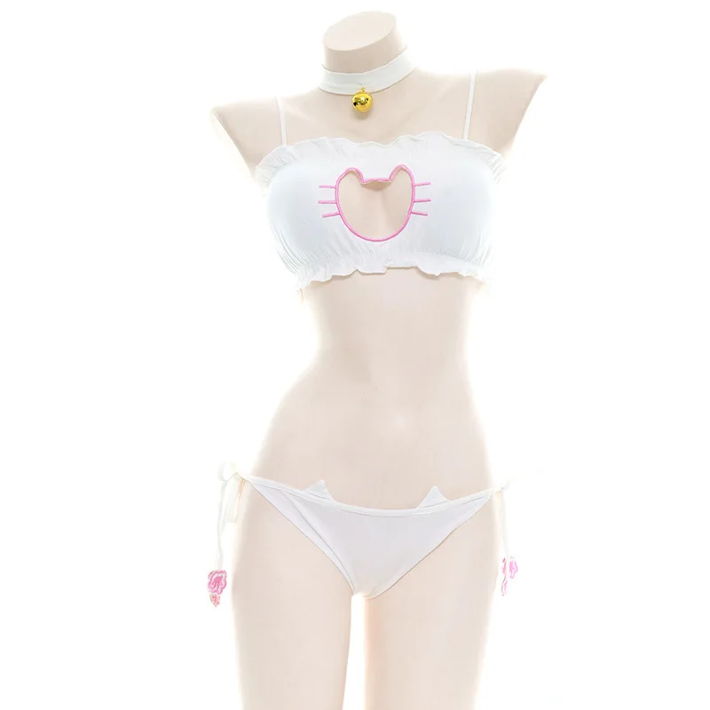 Maillot de bain patte de chat mignon pour filles, costume de plage, mini jolis chats, cloche, uniforme de cosplay, soutien-gorge creux