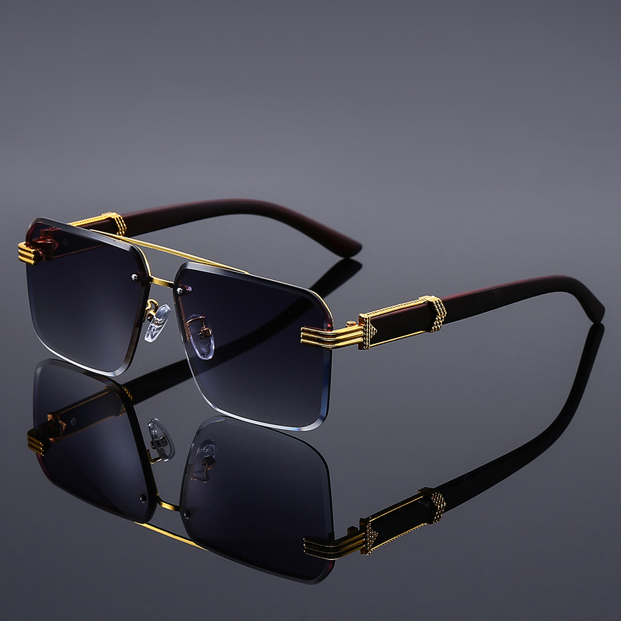 Lunettes de soleil carrées sans monture de luxe pour hommes – Monture dorée avec branches couleur bois, lunettes rétro style business et streetwear pour les passionnés de mode