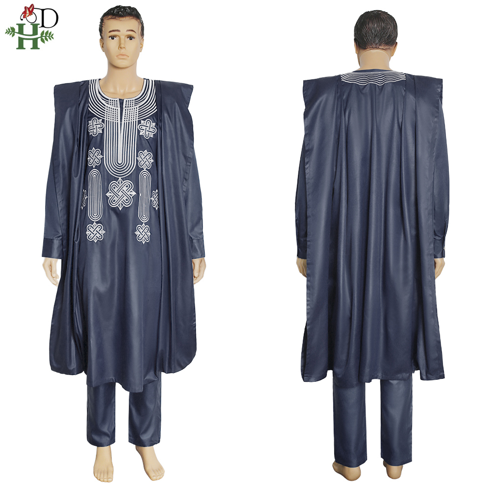 H & D costume africain pour hommes Robe chemise pantalon ensemble à manches longues hauts broderie Agbada vêtements Boubou Africain Homme Robes traditionnelles