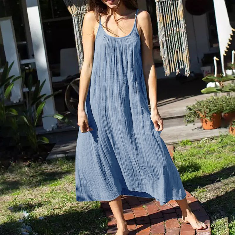 Robe longue décontractée 100% coton pour femmes, ample, couleur unie, sans manches, dos nu, Streetwear, élégante, été