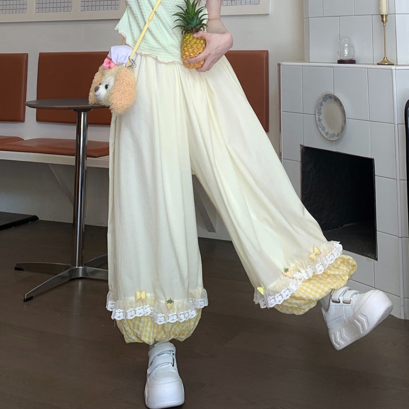Pantalon Style japonais Kawaii Lolita pour femmes, avec nœud doux, en dentelle, à volants, Plaid, Patchwork, bouffant, décontracté, ample, Y2k, automne