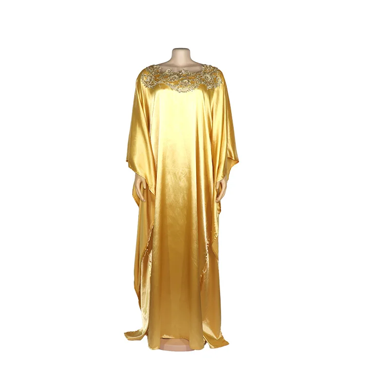 MCK-Robe africaine longue en satin, broderie de fleurs dorées, diamant, Abaya, haute qualité